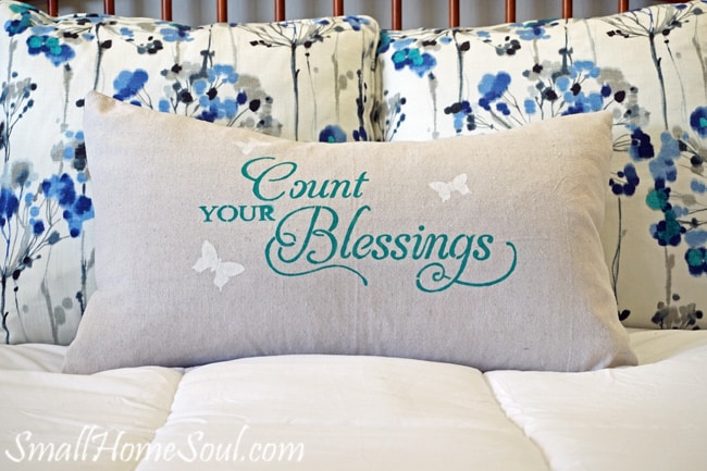 Making a stenciled drop cloth pillow cover is easy with this detailed tutorial. You can make one too in just a few hours. www.smallhomesoul.com